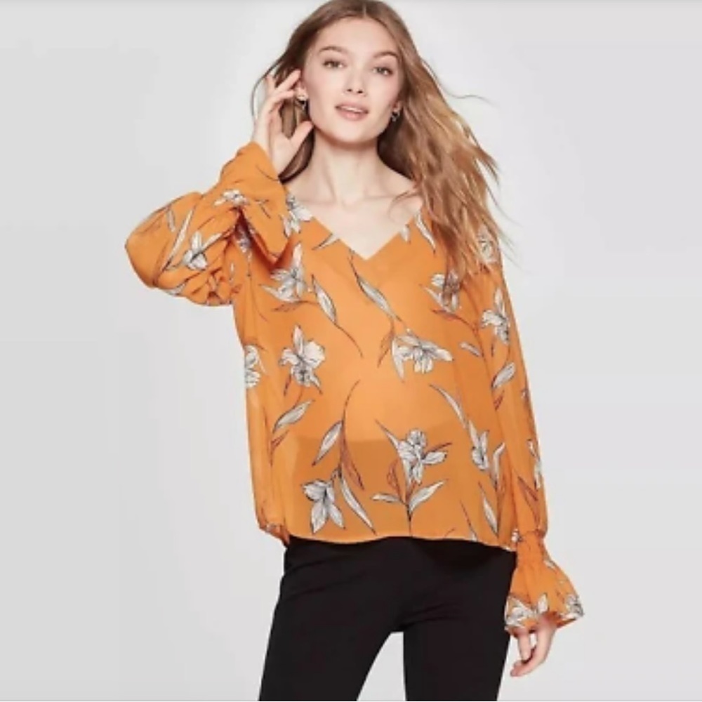🦋 A New Day Mustard Cream Floral V-Neck Balloon Sleeve Long Sleeve Blouse Large